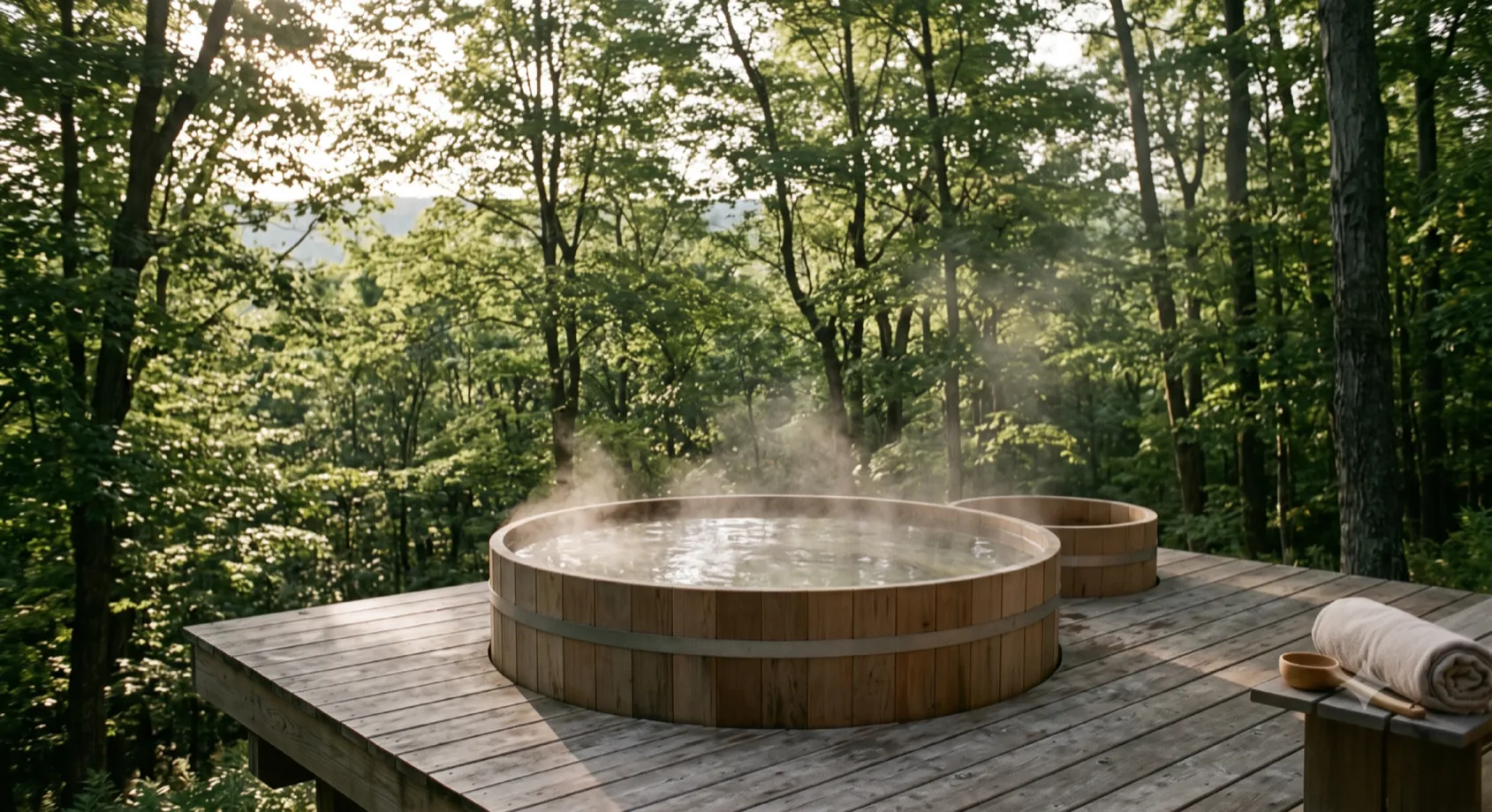 Outdoor cedar soak tub and cold plunge deck at Root Astro in the Neversink Foothills