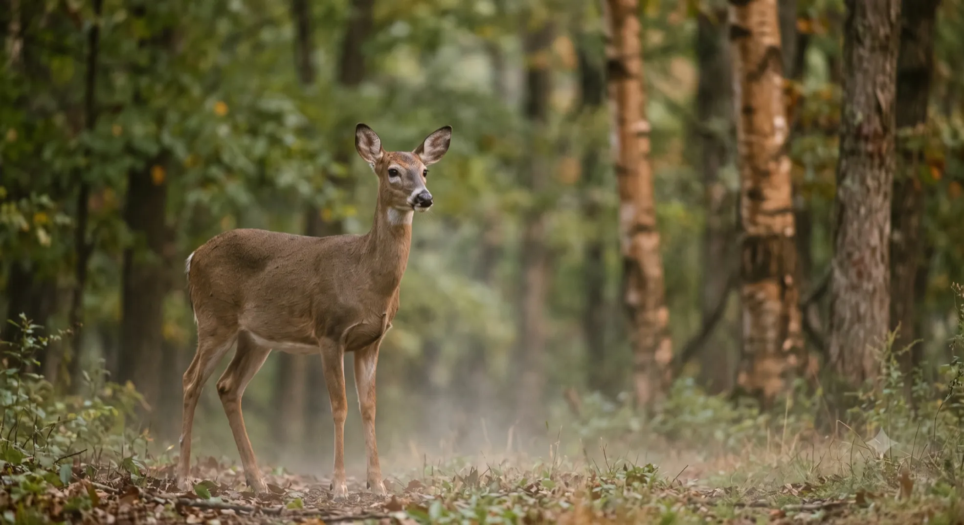 White-tailed deer standing at the forest edge