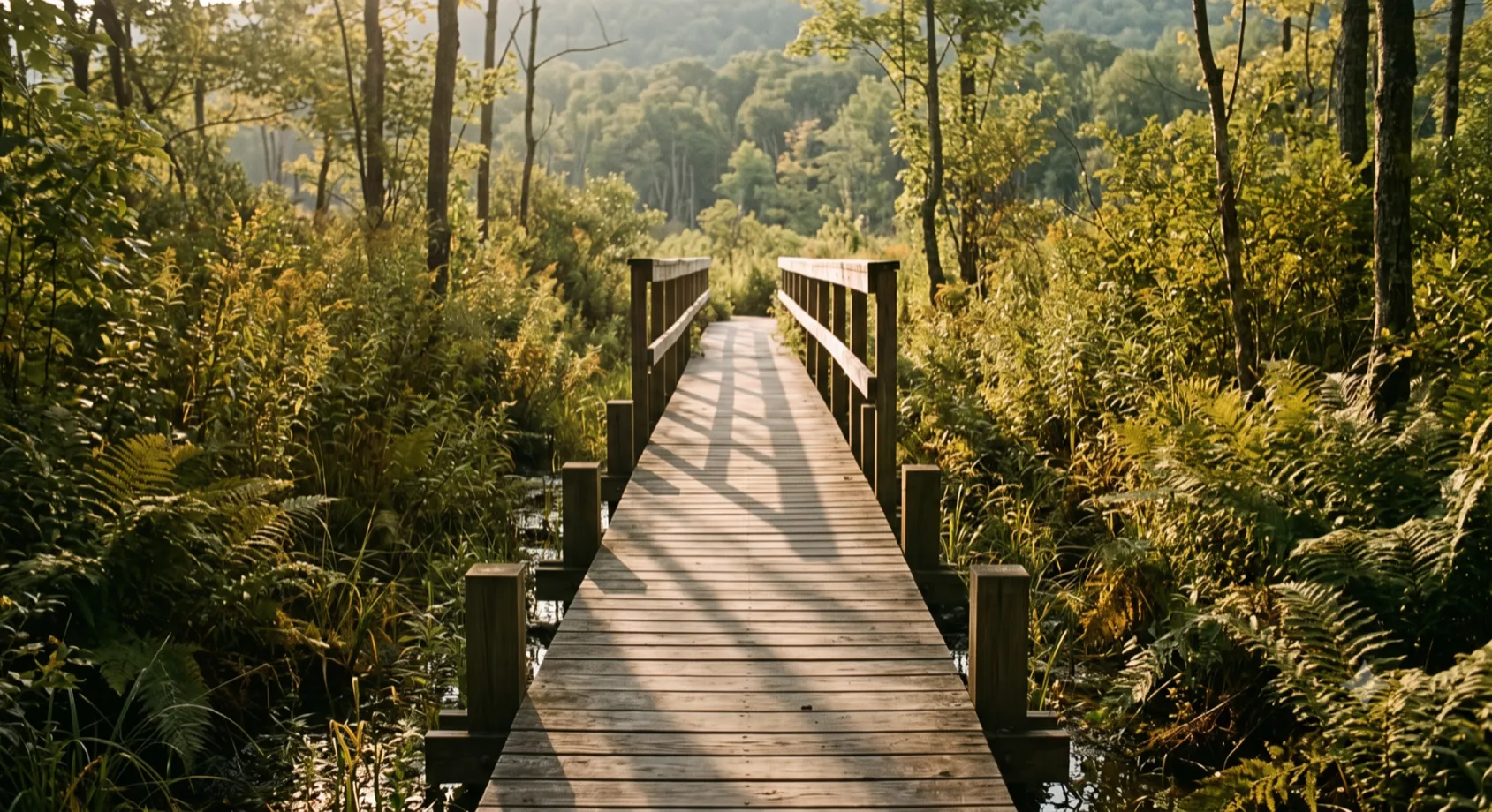 Elevated wooden boardwalk crossing a wetland marsh