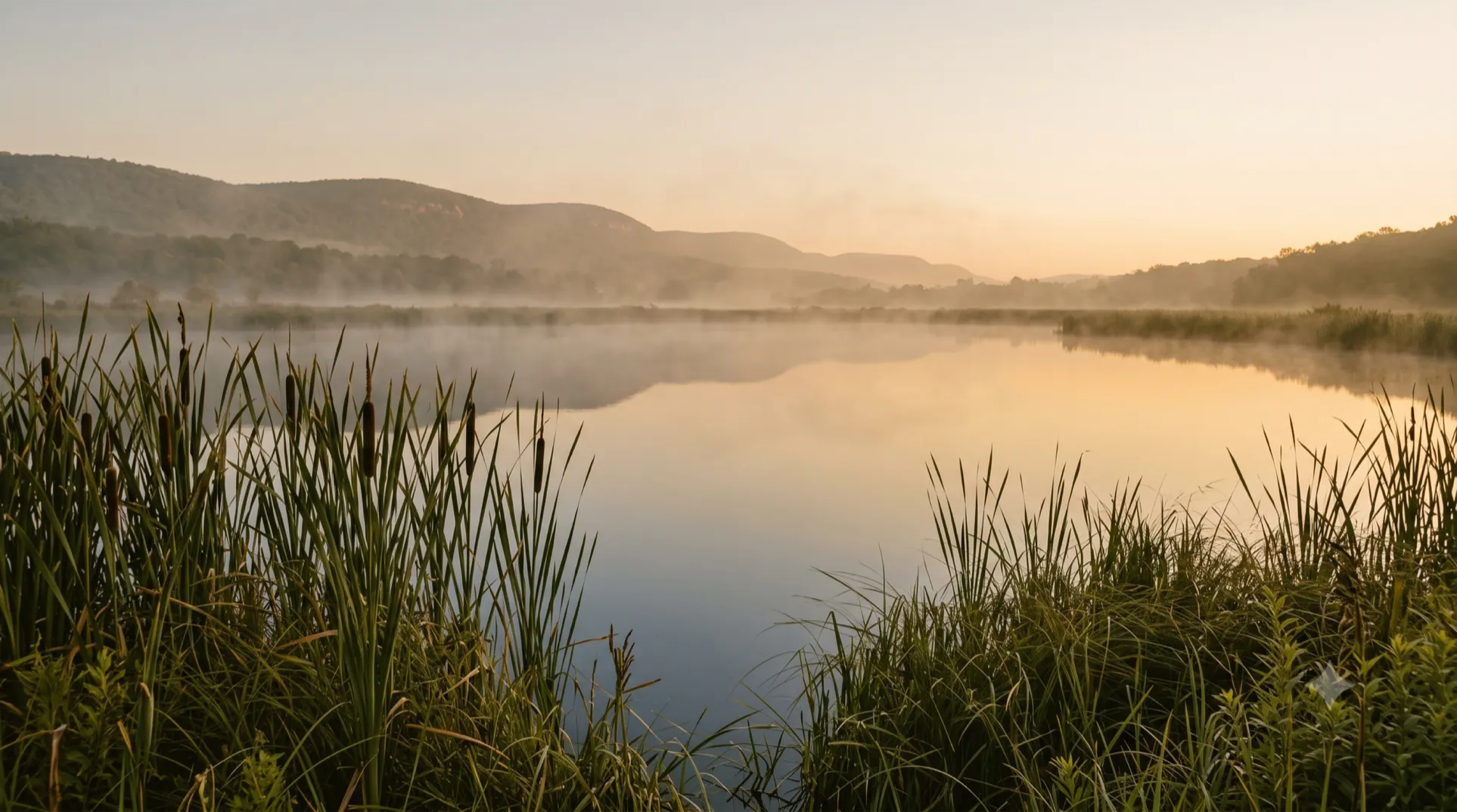 Dawn over the Bashakill wetland, mist rising off the water with the Shawangunk Ridge on the horizon