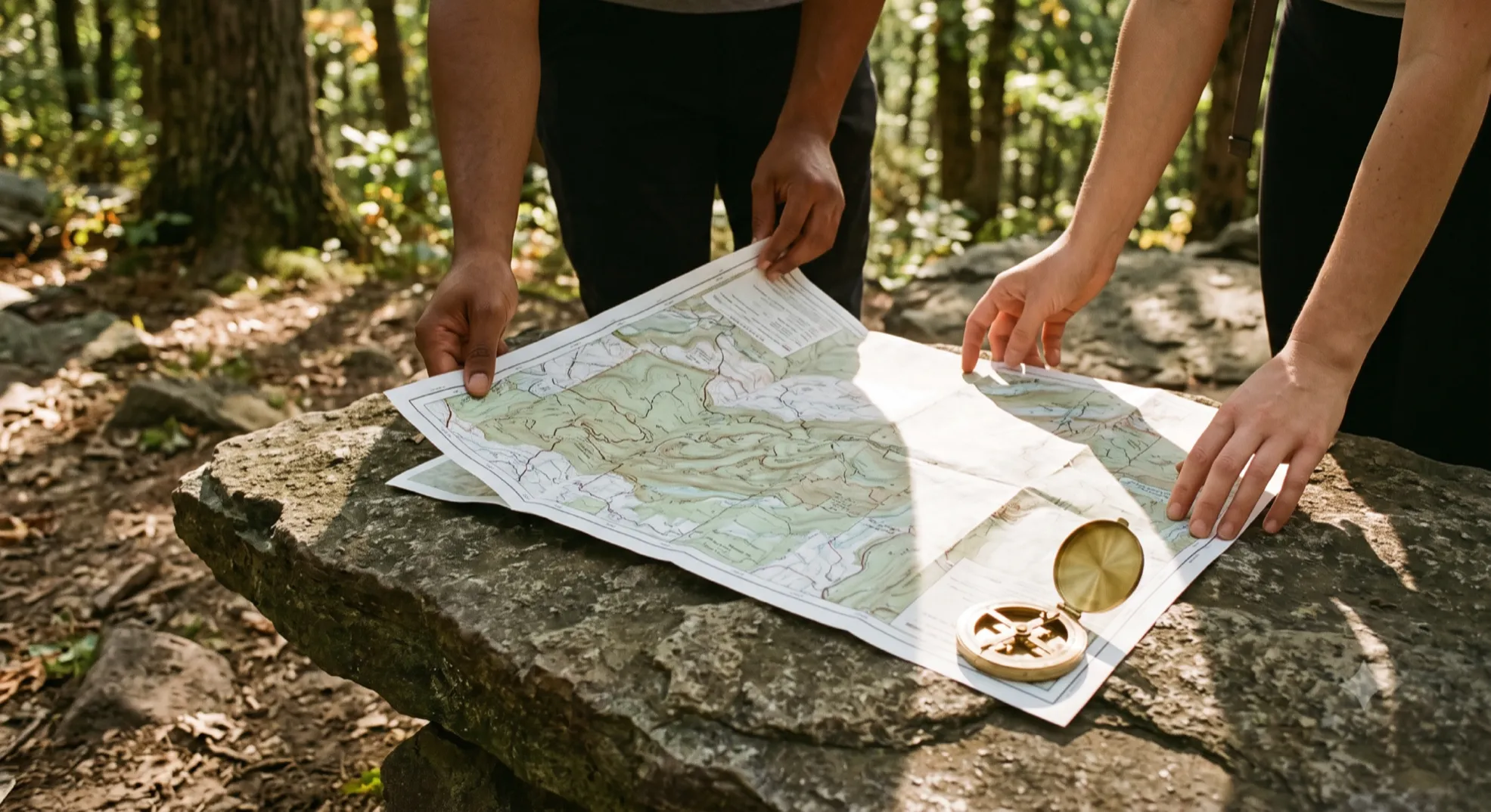 Guests moving together on the trail, mapping a route with an astrolabe in hand