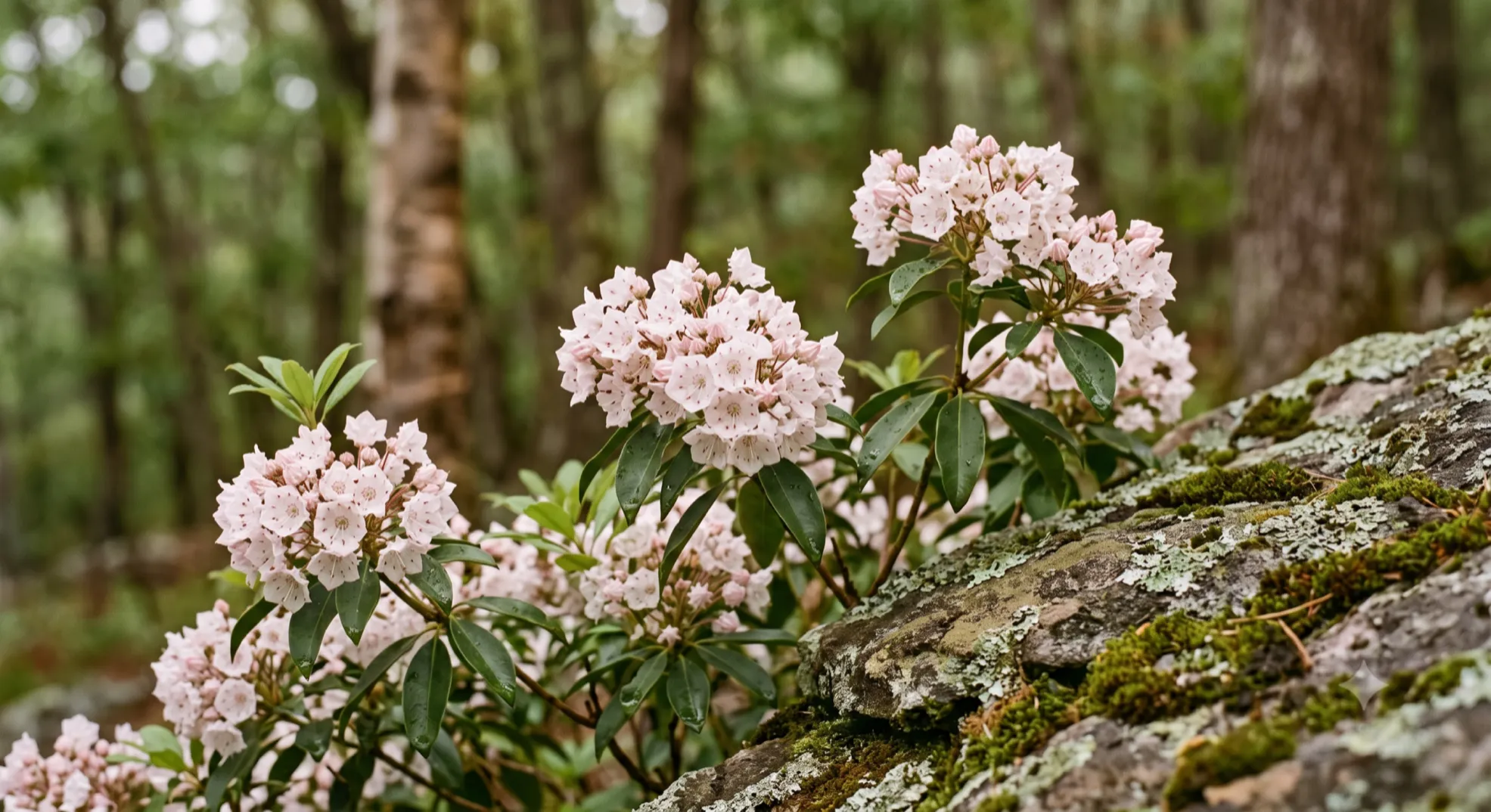 Wild mountain laurel in bloom on a rocky outcrop