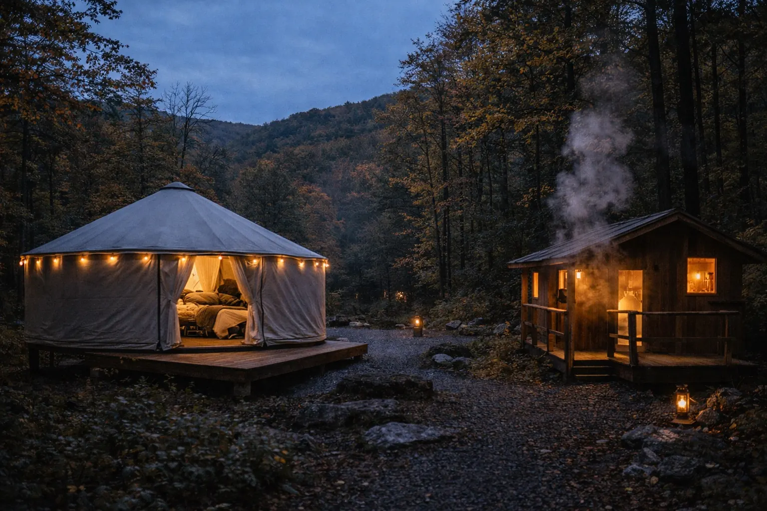 Lit yurt with string lights and the adjacent wooden bathhouse at dusk on the Root Astrolabe property, nestled in the forest with smoke rising from the chimney.