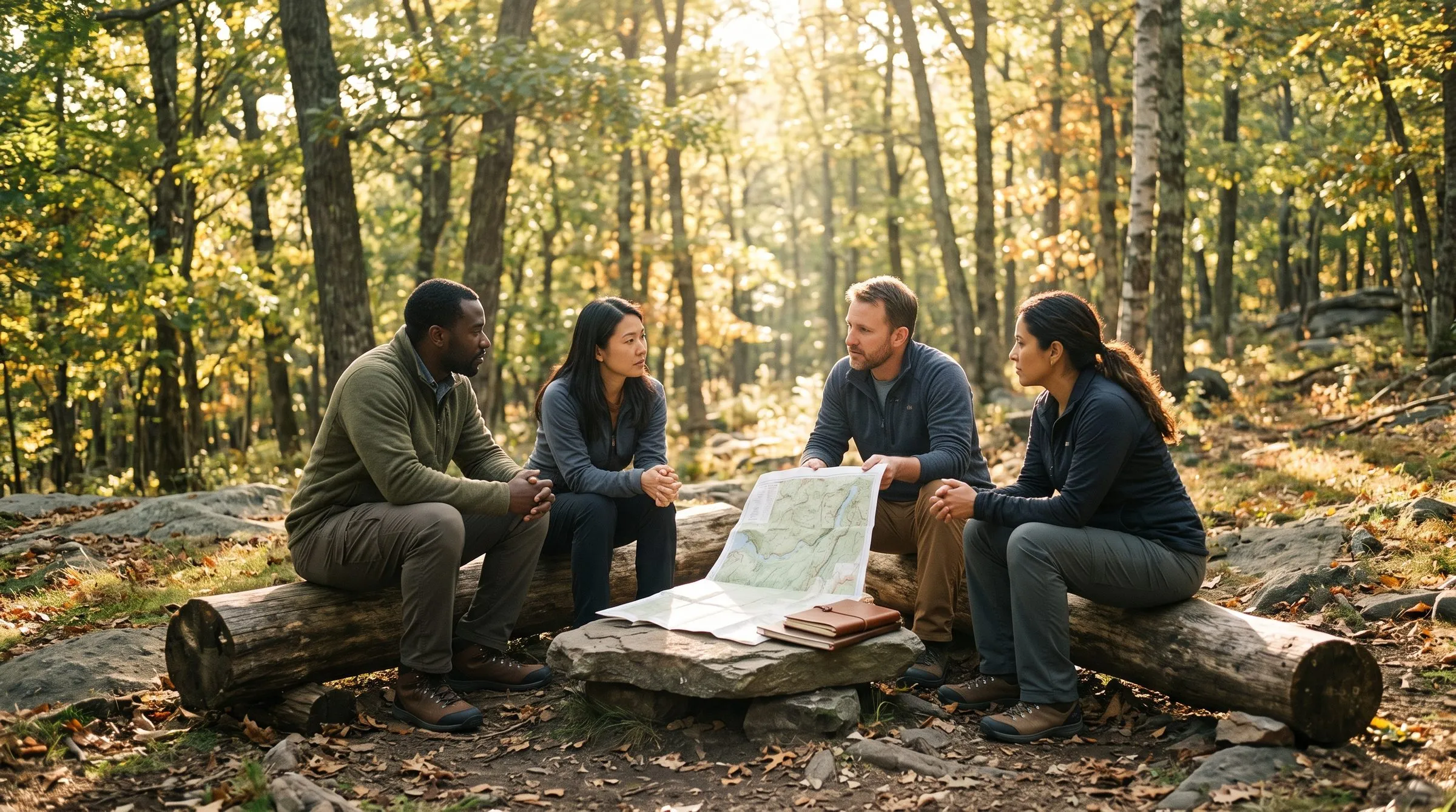 Four people sitting on logs in an autumn forest, reading a map together