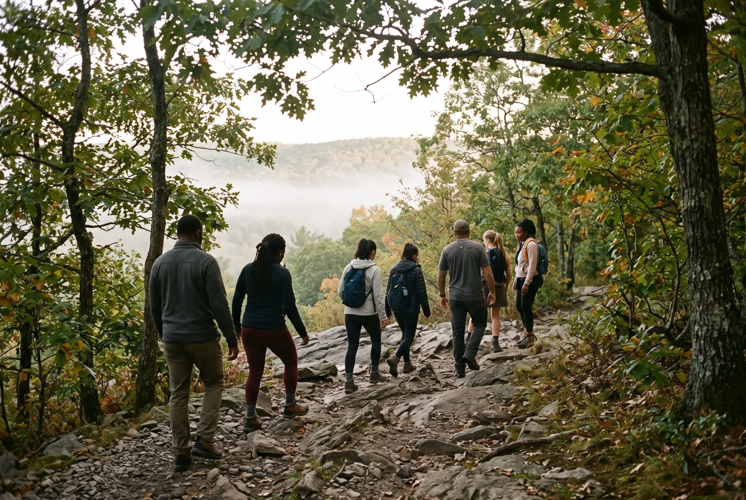 A group of hikers walking a rocky ridge trail in autumn, hills beyond