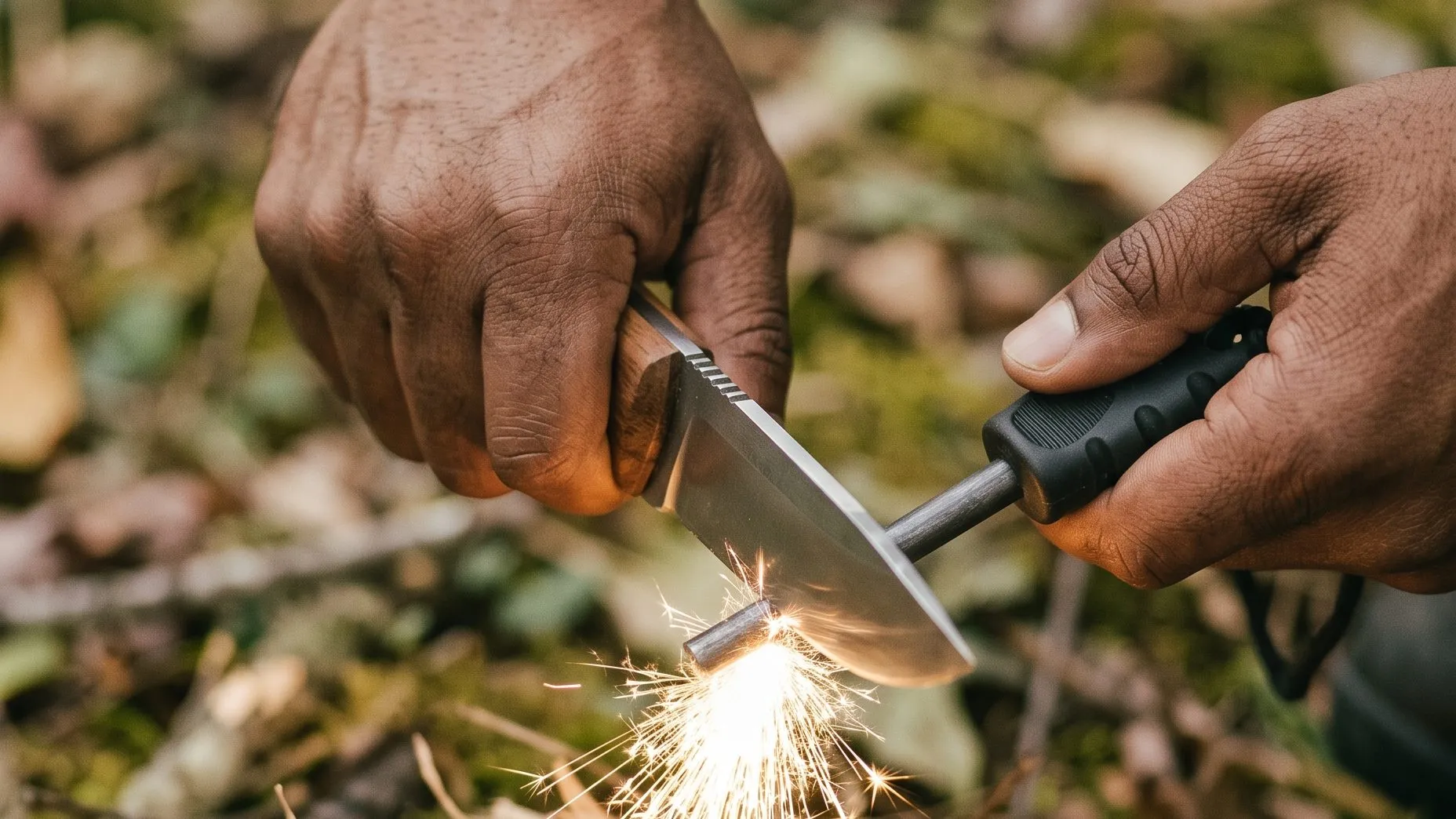 Hands striking a ferro rod with a knife, sparks falling onto tinder
