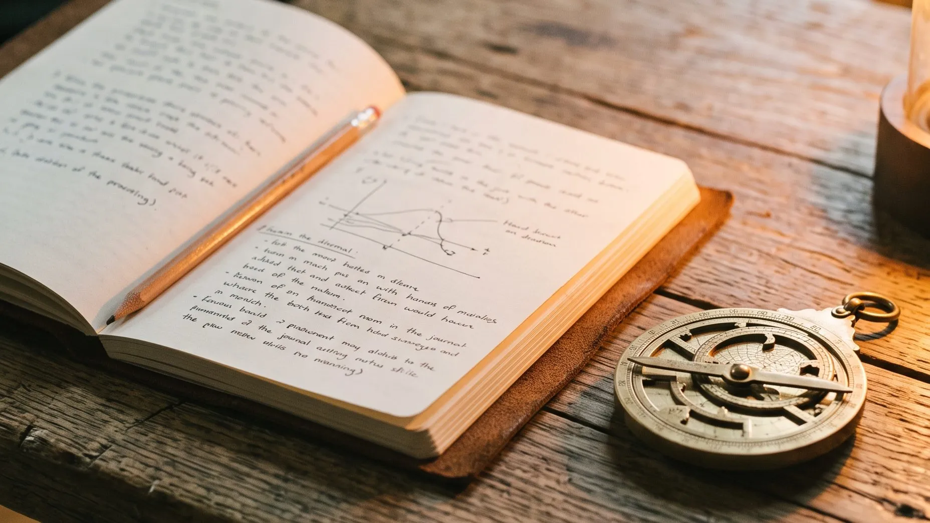 An open handwritten journal with a pencil and a brass astrolabe on a wooden table