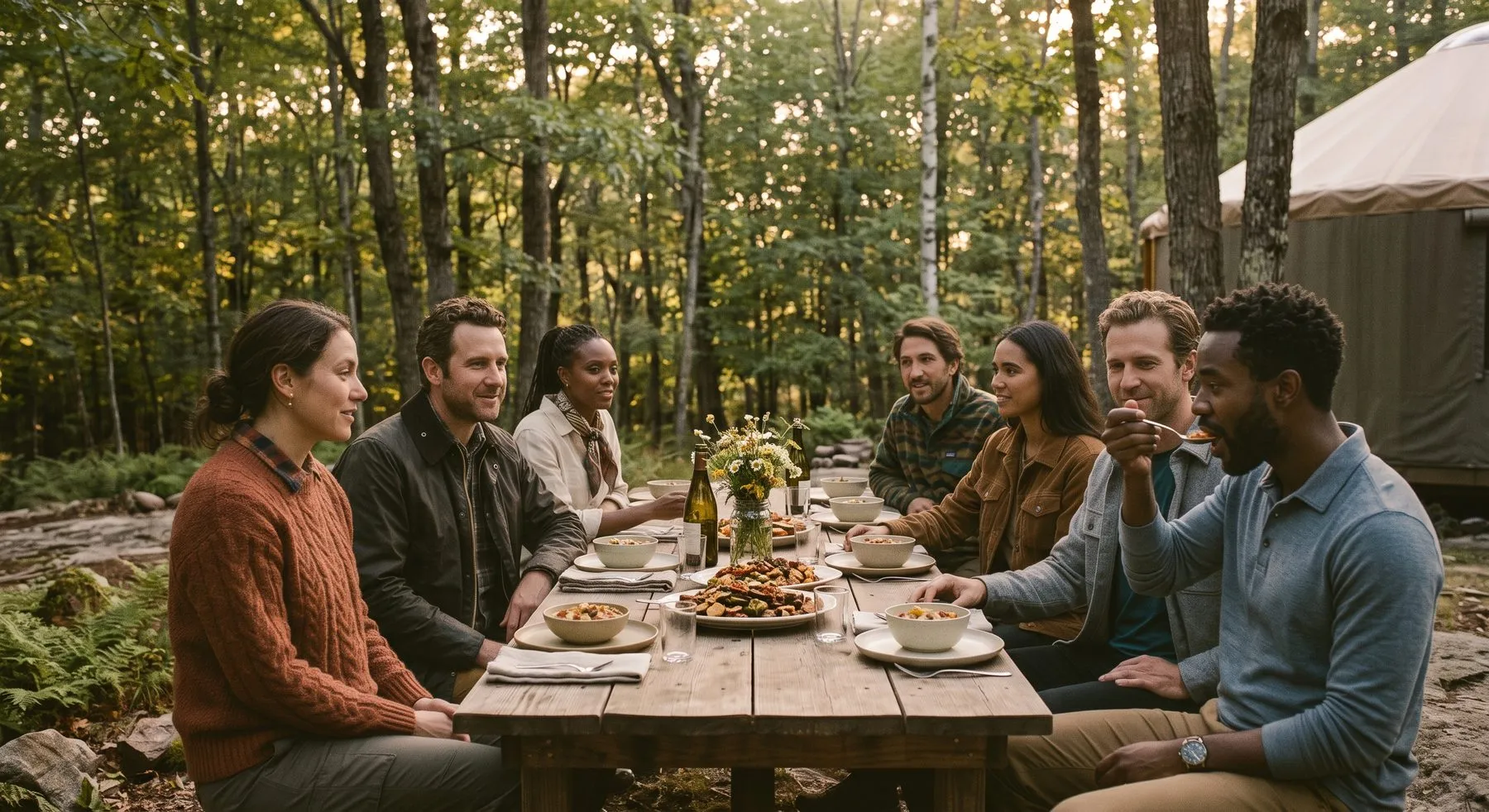 A group sharing a meal at a long wooden table in the woods beside a yurt