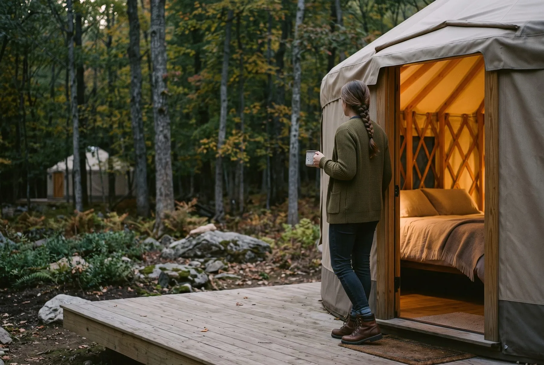 A woman with a mug at the door of a yurt on a wooden platform, morning in the forest