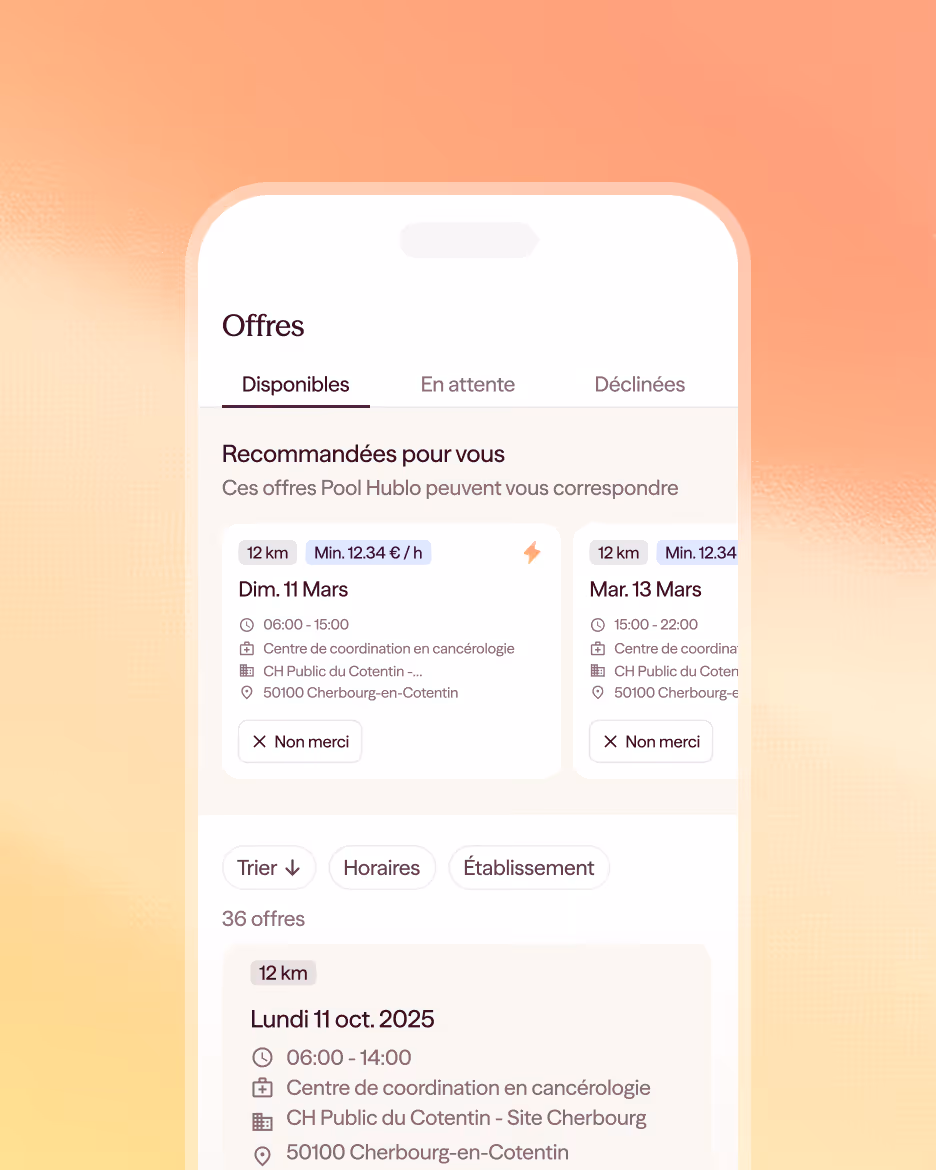 Application mobile affichant des offres de missions avec dates, horaires, lieu Centre de coordination en cancérologie à Cherbourg-en-Cotentin, tarif minimum 12,34 €/h.
