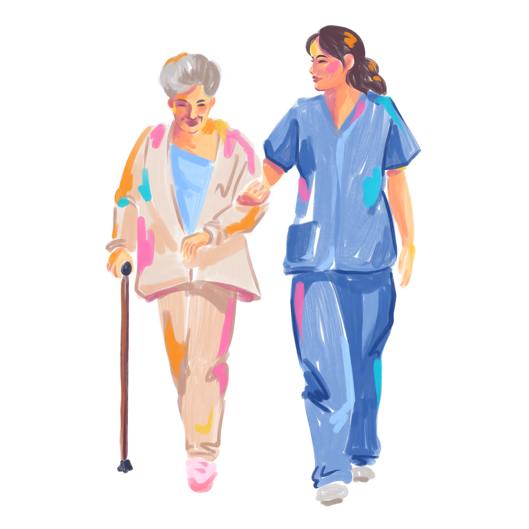 Illustration d'un soignant aidant une personne âgée avec une canne à marcher.