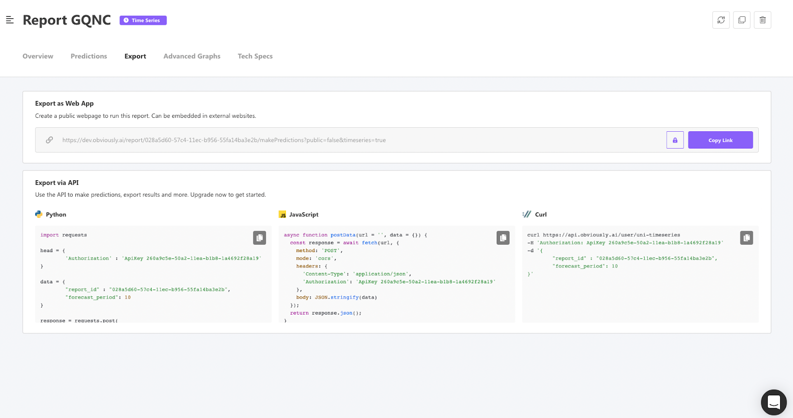 Export Time Series as Web App in Obviously AI