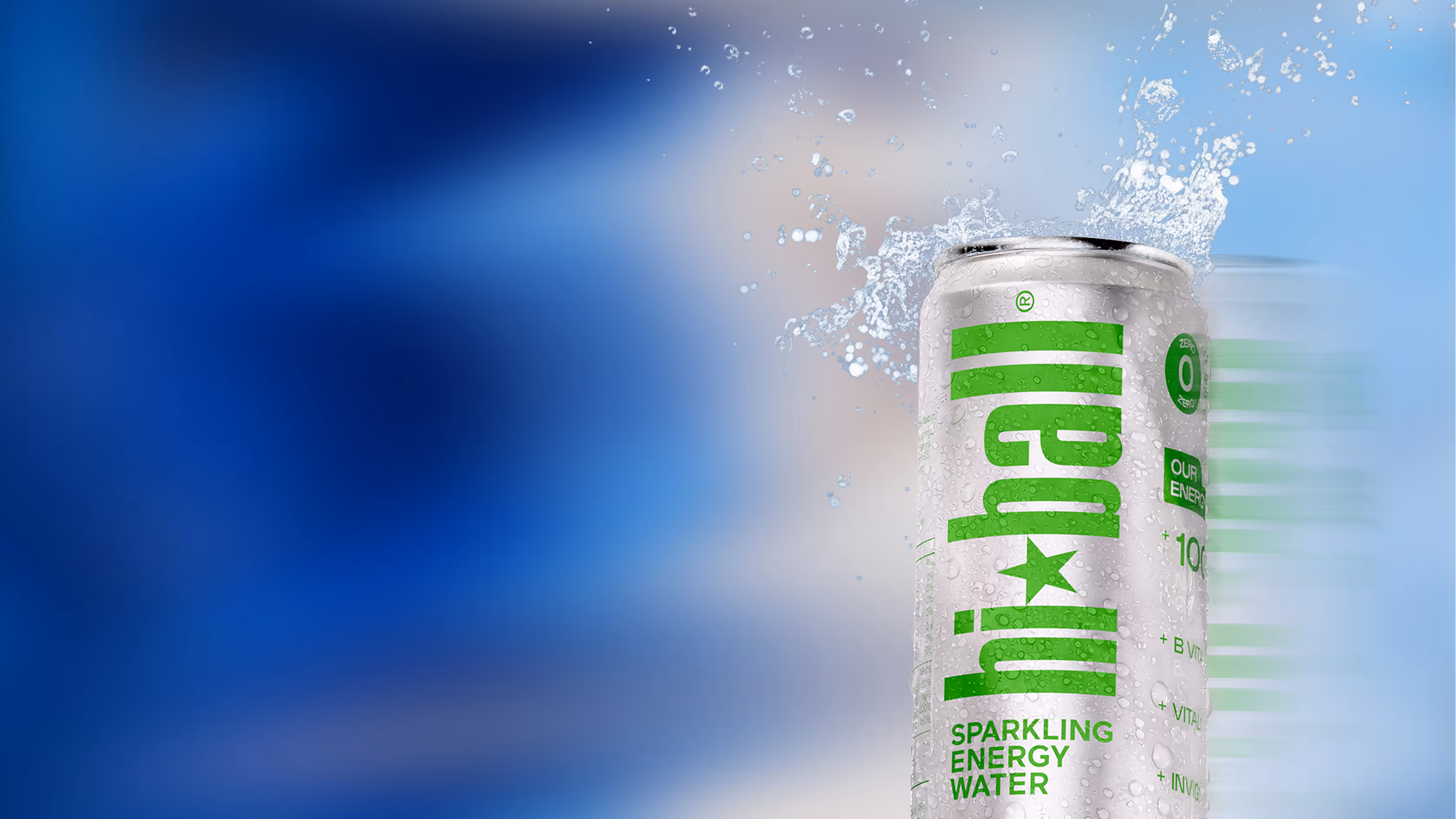 A can of Hint sparkling energy water with water droplets and splash against a blurred blue background.