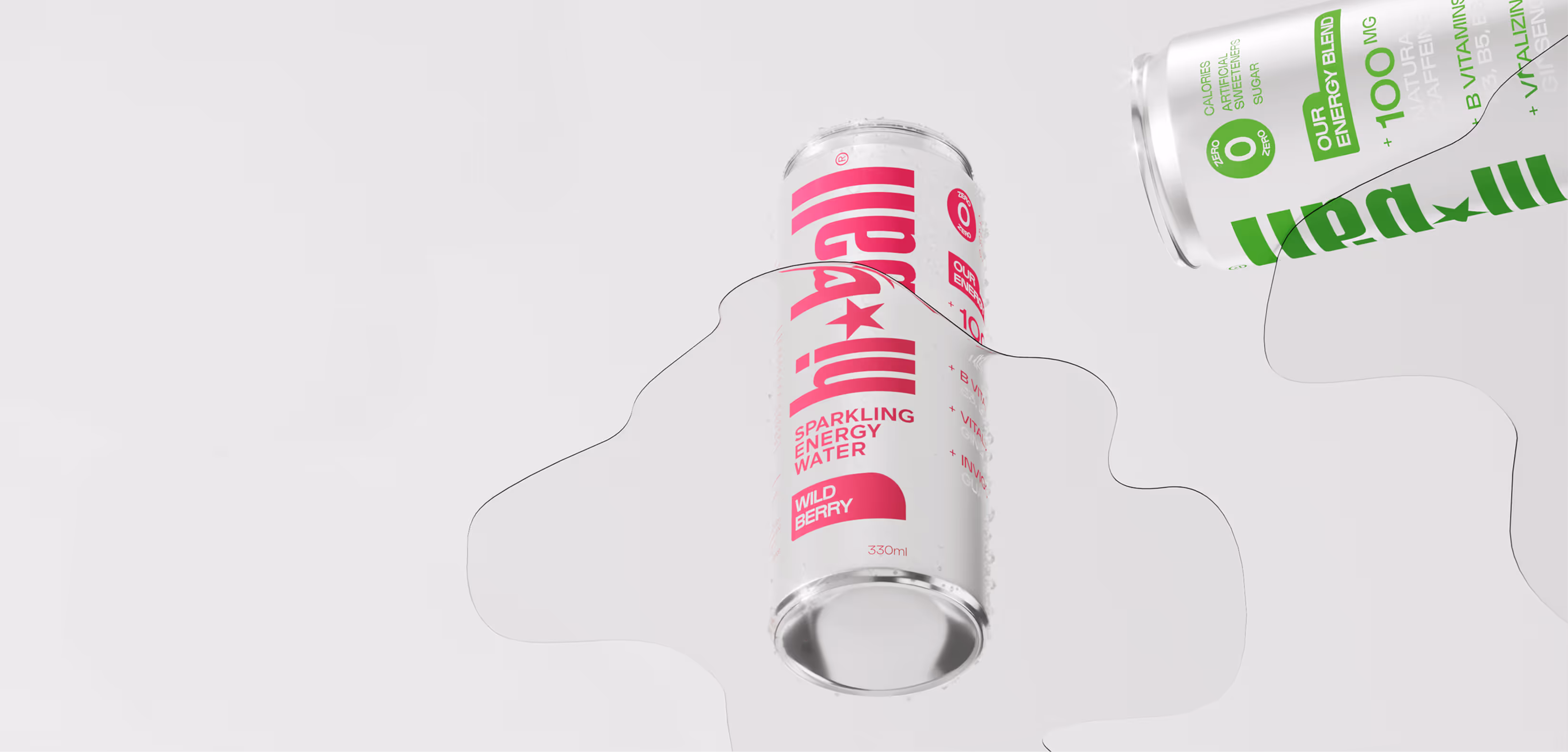 Two cans of Hiball sparkling energy water, one wild berry flavor with pink text and one original flavor with green text, lying on a white surface with spilled liquid.