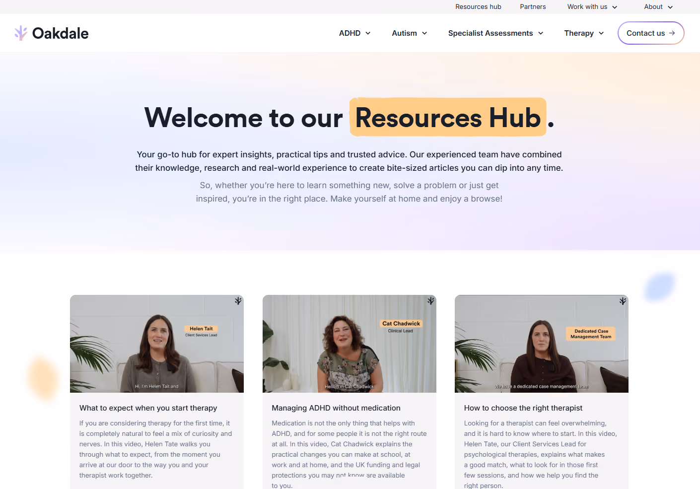 Oakdale Resources Hub webpage with expert therapy videos by Helen Tait and Cat Chadwick.