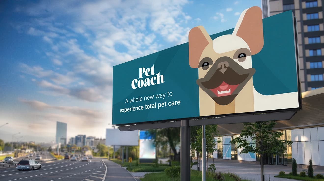 Pet Coach billboard with French Bulldog smiling