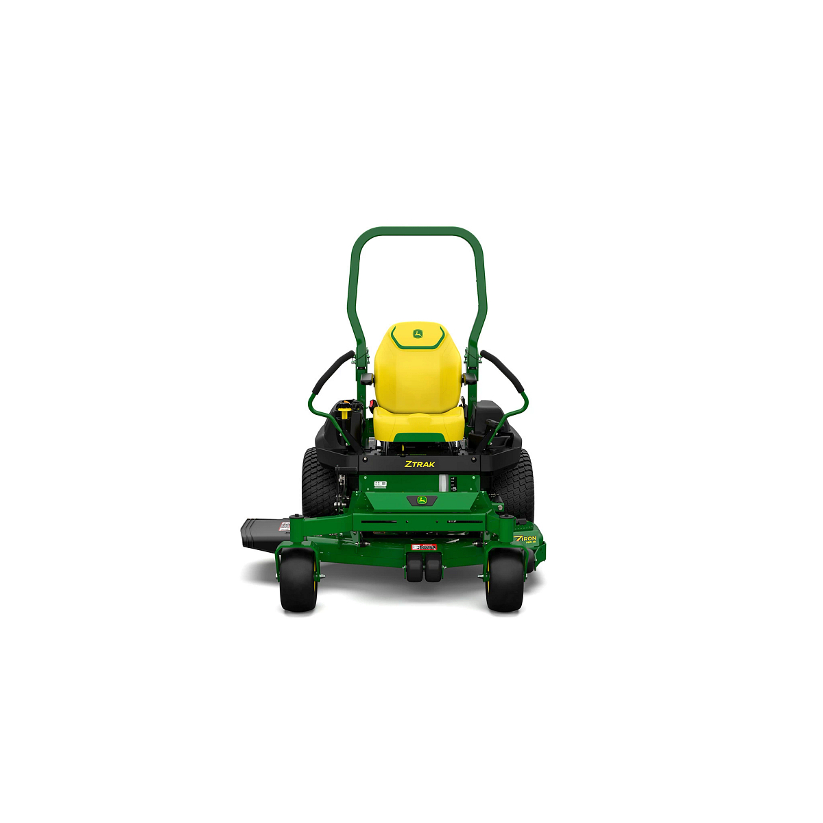 A front-facing studio shot of a green zero-turn mower on a white background.