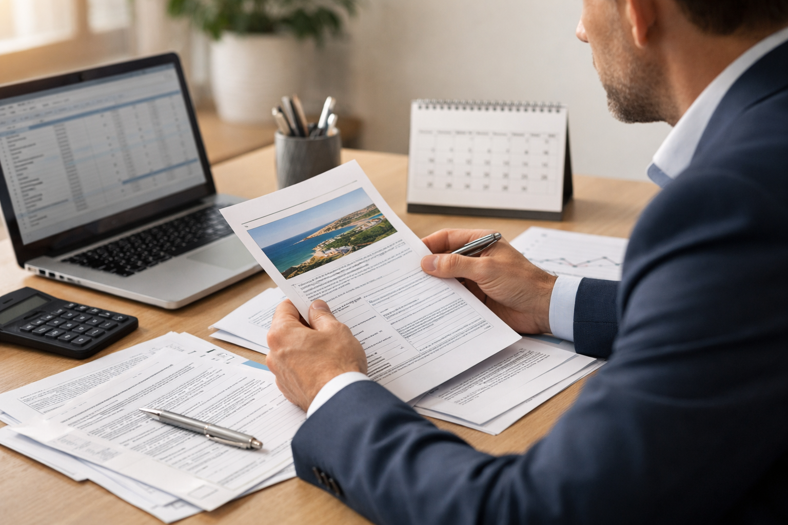 Business person studying tax residency documents of Cyprus with a calendar and chart on the table