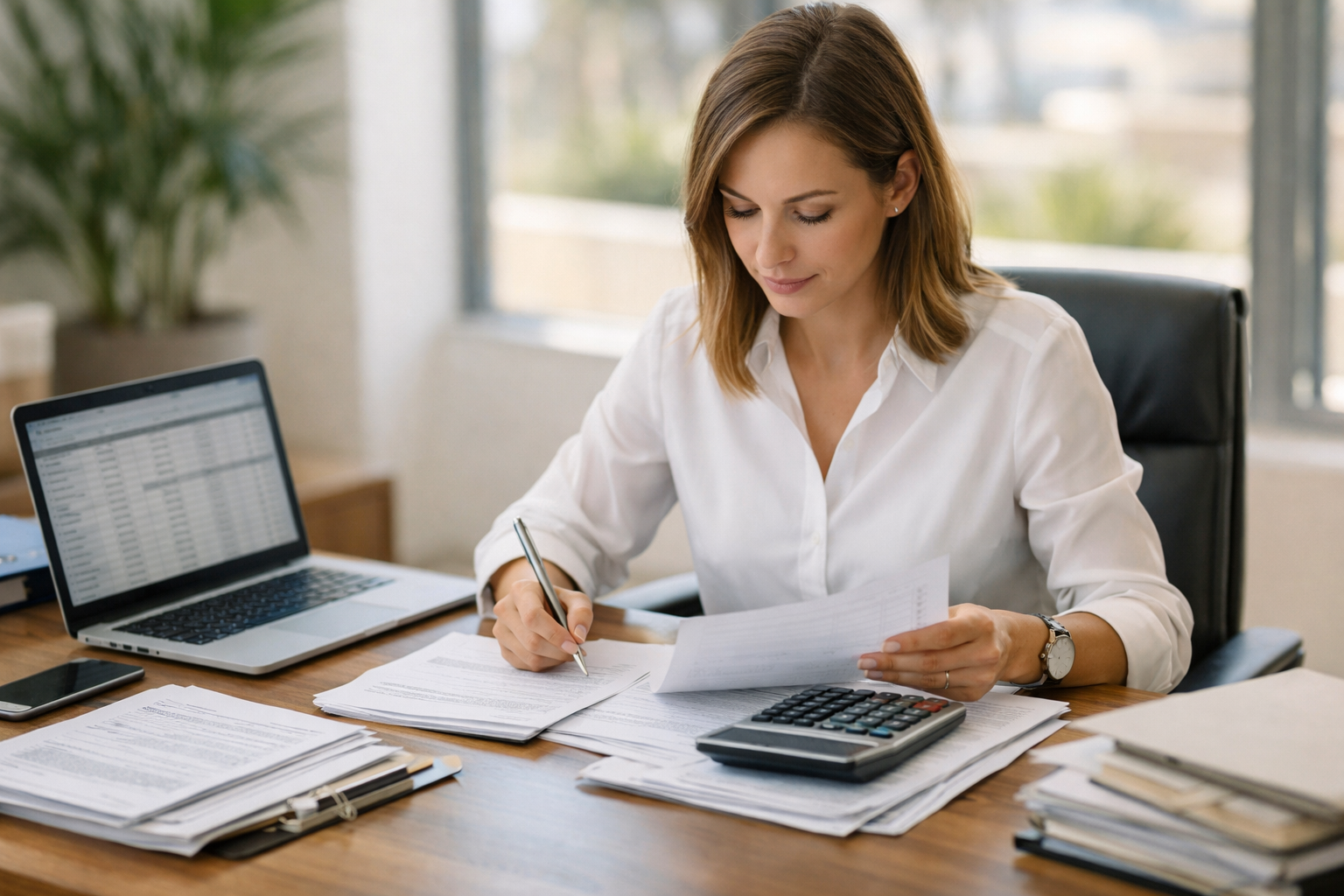 Professional accountant works with documents and financial reports on a desk in a Limassol office