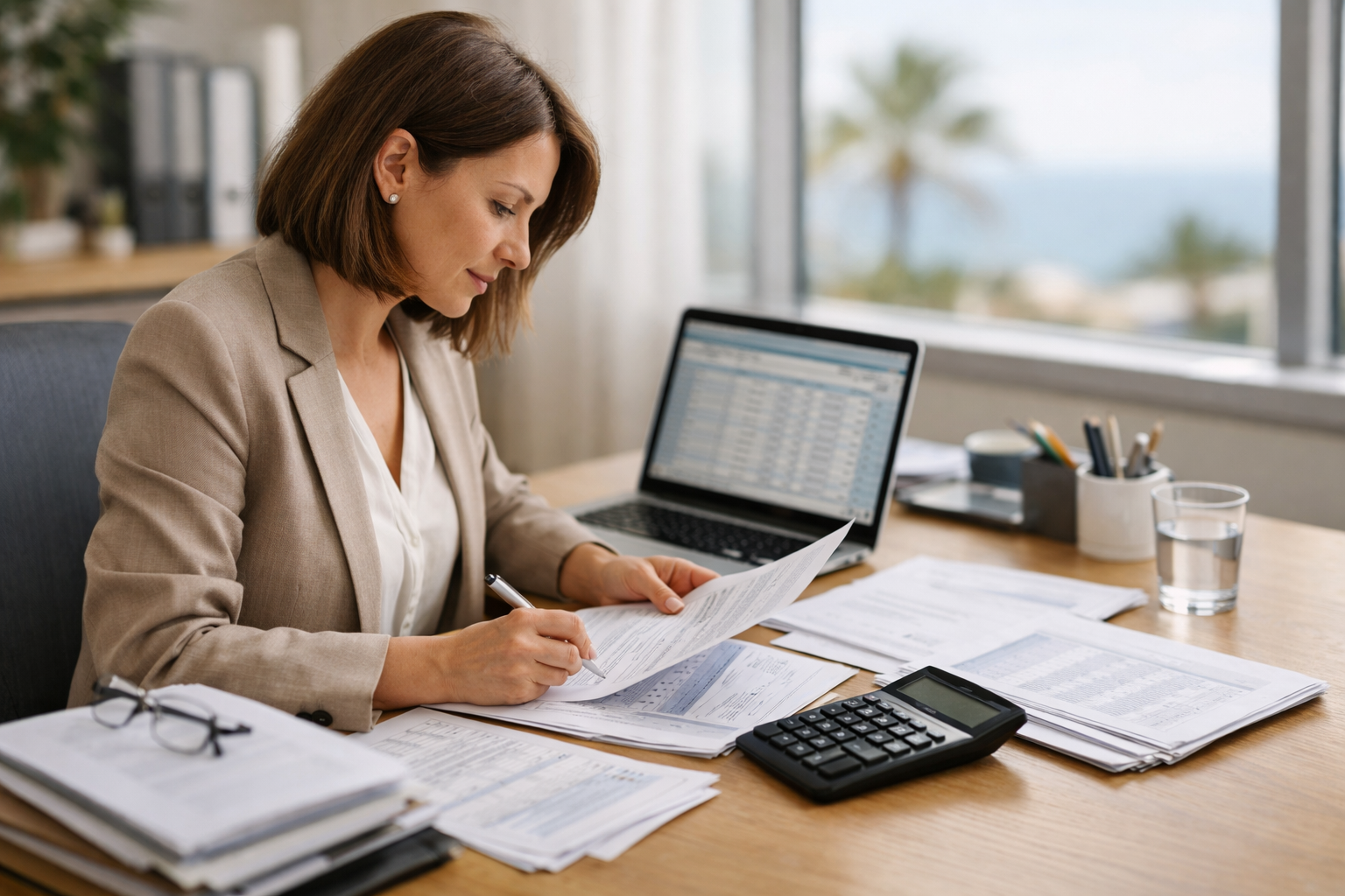 Accountant works with documents and financial reports at a computer in an office in Paphos