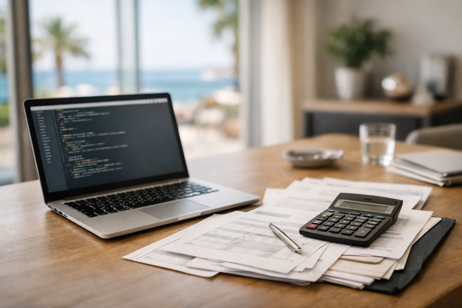 A laptop with code on the screen, a calculator and reporting documents nearby on a desk in an office in Cyprus
