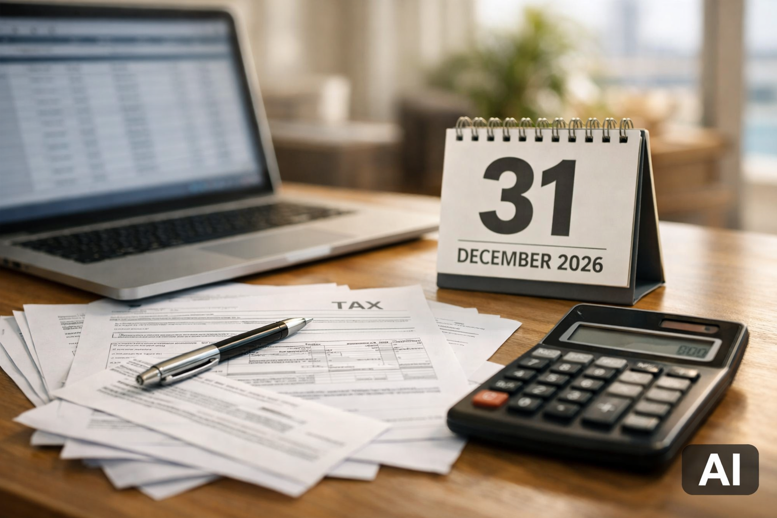AI illustration of Cyprus tax documents with a calendar showing December 31, 2026 and a calculator for calculating payments