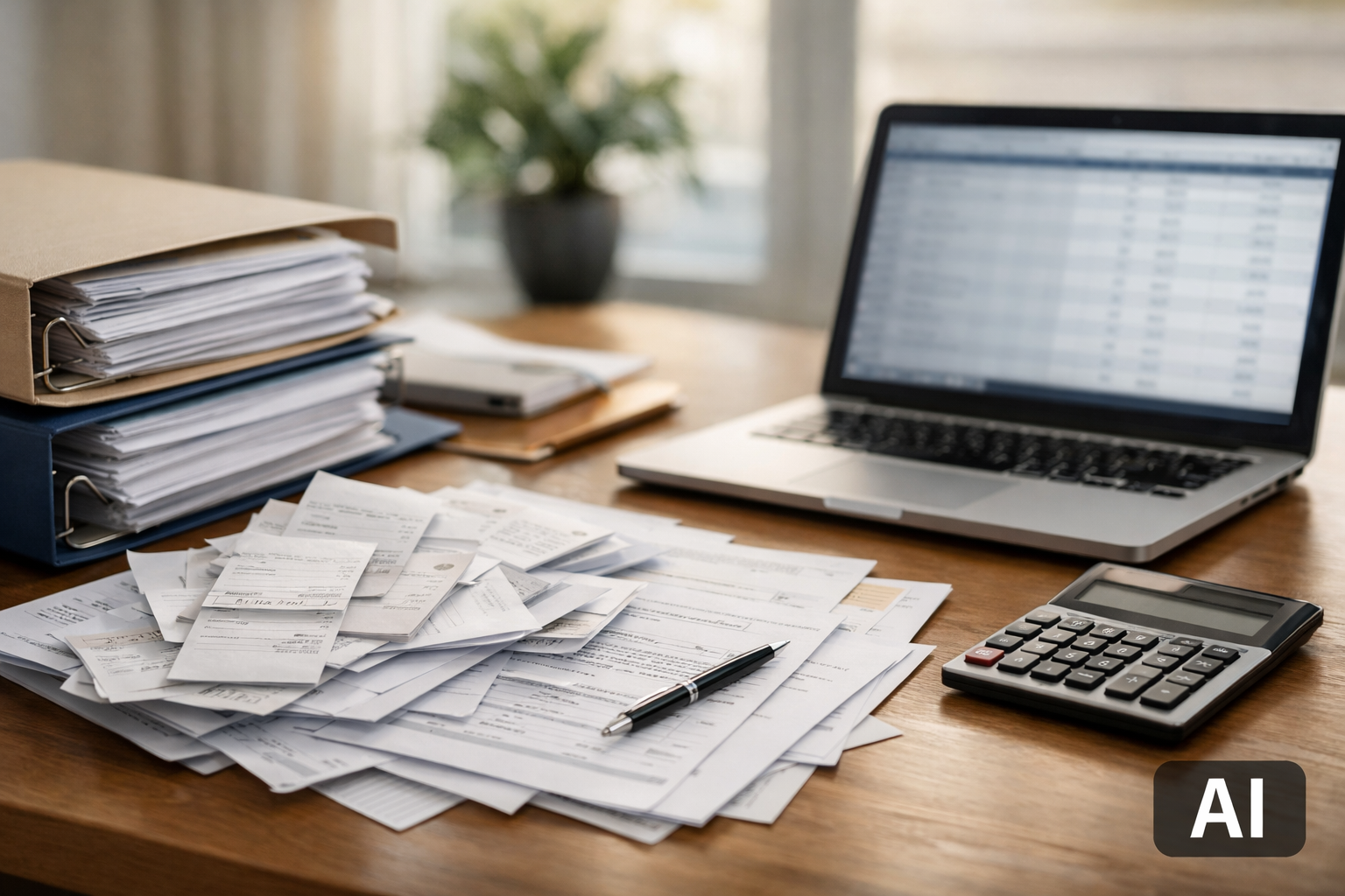 Document folders and receipts on an accountant's desk, AI illustration of the Cyprus company accounting restoration process