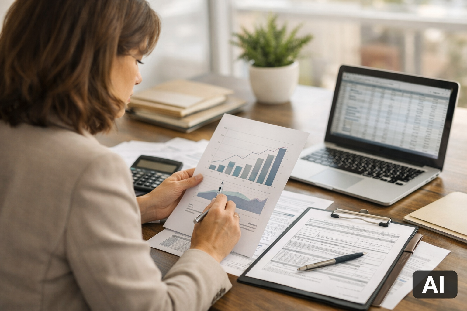 An accountant analyzes financial documents and sales charts in the EU, AI illustration for an article about VAT OSS and e-commerce in Cyprus