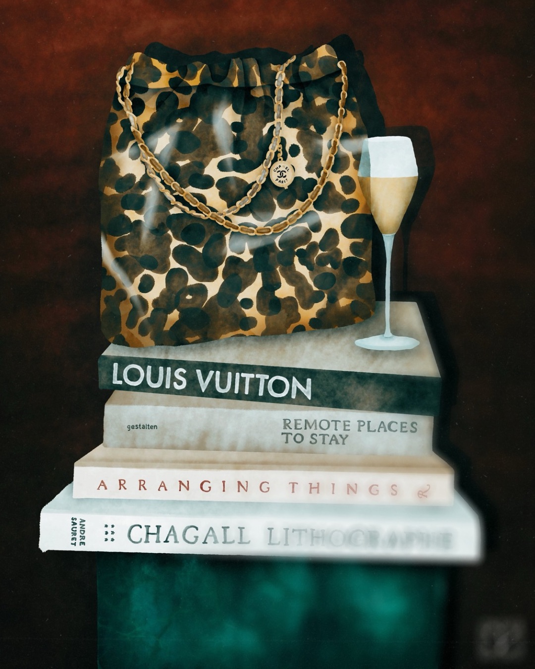 Stack of four books with titles Louis Vuitton, Remote Places to Stay, Arranging Things, and Chagall Lithographie, topped by a leopard print handbag and a glass of champagne.