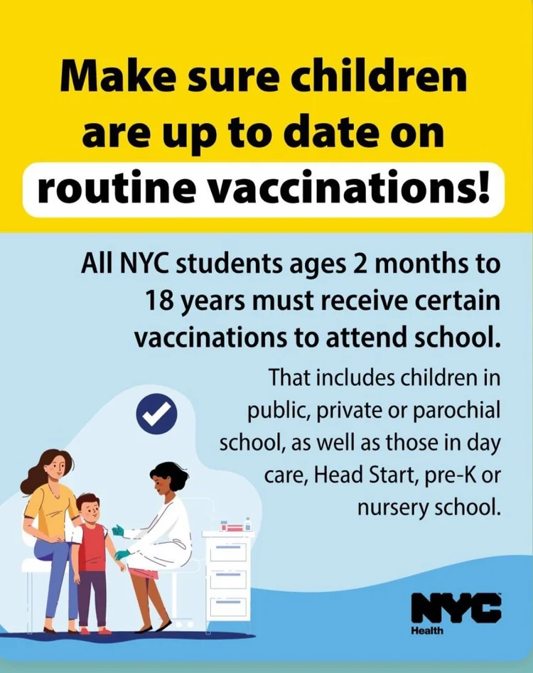 Poster urging NYC families to keep children aged 2 months 