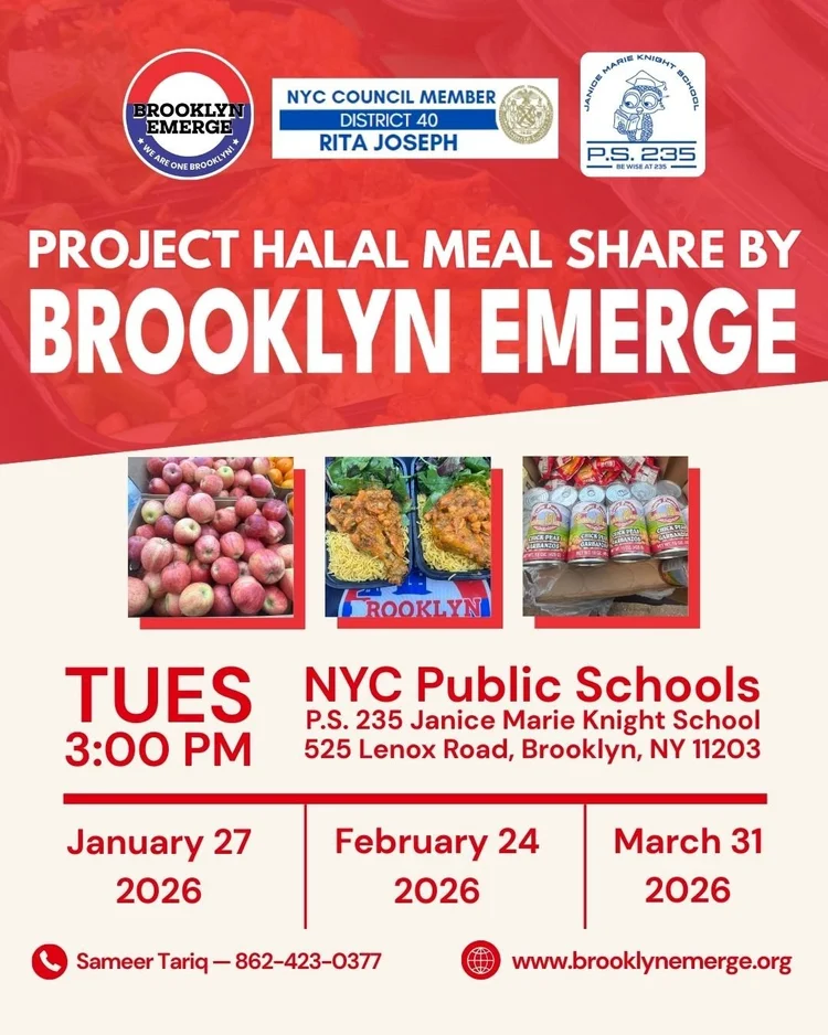 Flyer for Project Halal Meal Share by Brooklyn Emerge featuring images of apples, halal meals, and canned goods, with event dates January 27, February 24, and March 31, 2026, at P.S. 235 Janice Marie Knight School, Brooklyn.
