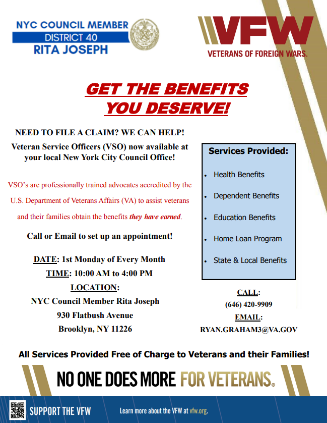 Flyer from NYC Council Member Rita Joseph and VFW offering free Veteran Service Officer help for filing claims, listing services like health, dependent, education benefits, home loans, and state/local benefits, with contact details and appointment info.