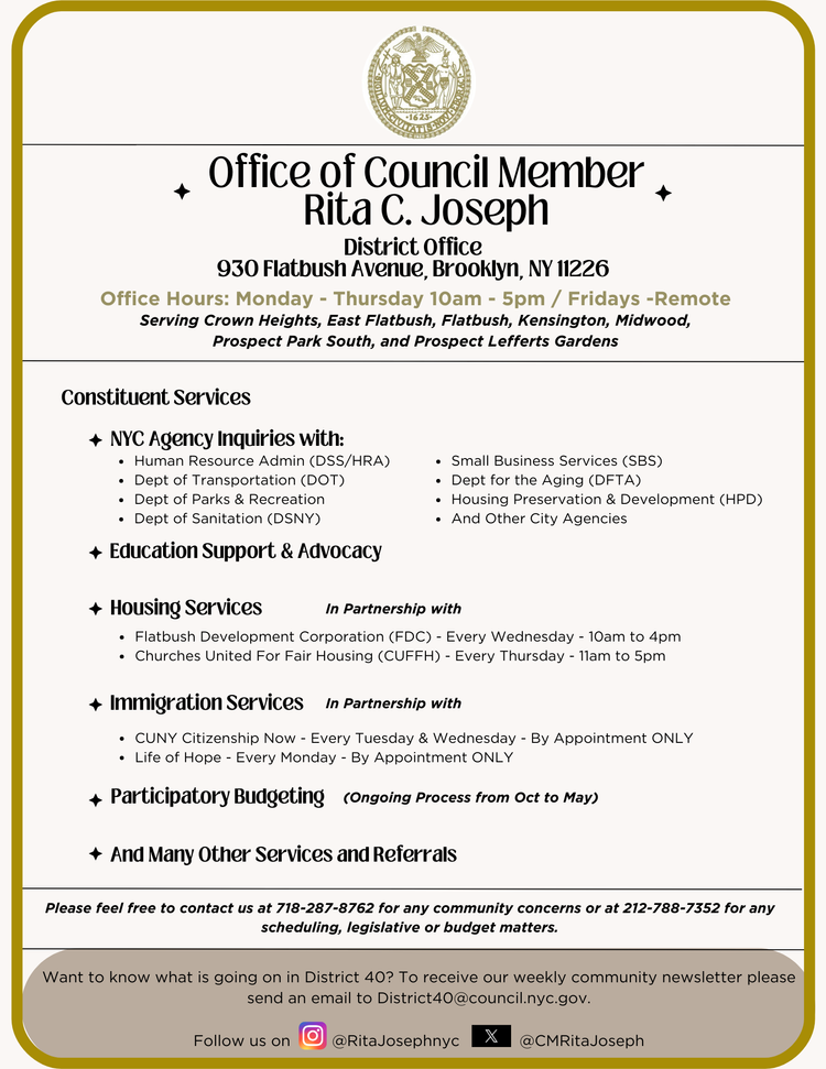 Informational flyer for Council Member Rita C. Joseph’s district office in Brooklyn, listing contact info, office hours, constituent services including agency inquiries, education, housing, immigration, participatory budgeting, and referrals with social media handles.