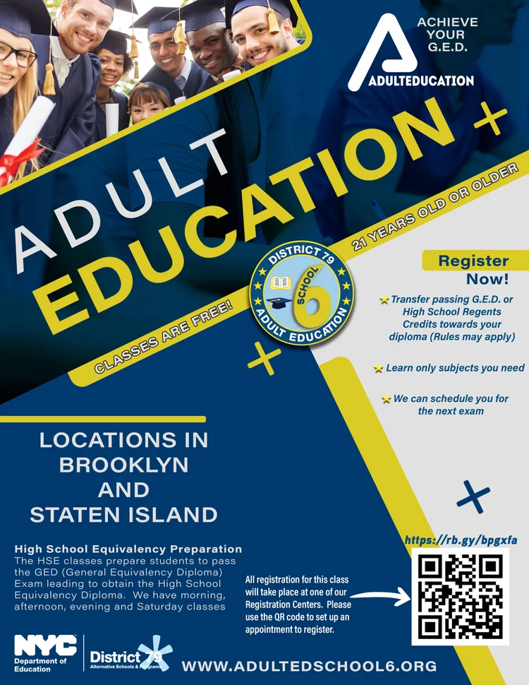 Group of diverse graduates in caps and gowns smiling, promoting free adult education GED classes for ages 21 and older in Brooklyn and Staten Island with QR code for registration.