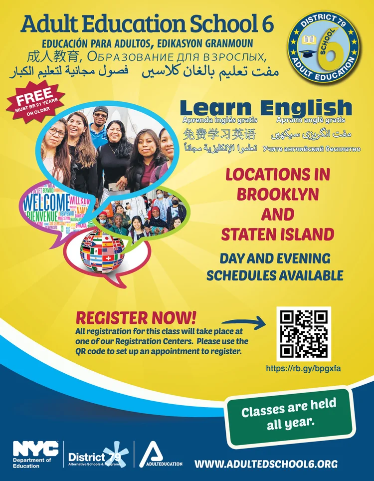 Flyer for Adult Education School 6 offering free English classes in Brooklyn and Staten Island with day and evening schedules, registration via QR code.