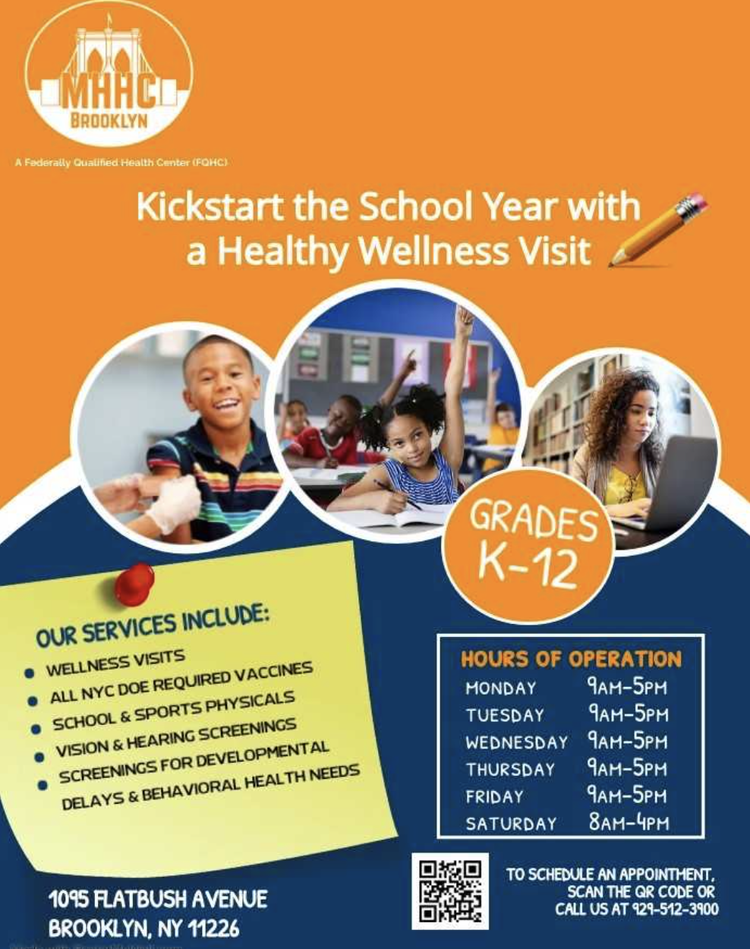 Flyer for MHHC Brooklyn promoting healthy wellness visits for grades K-12 with service details, hours of operation, and contact information.