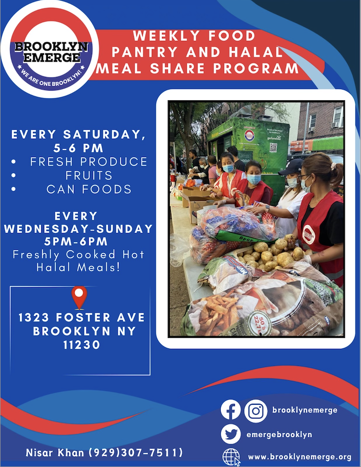 Flyer for Brooklyn Emerge weekly food pantry and halal meal share program with photo of volunteers wearing masks distributing food on a table outdoors.