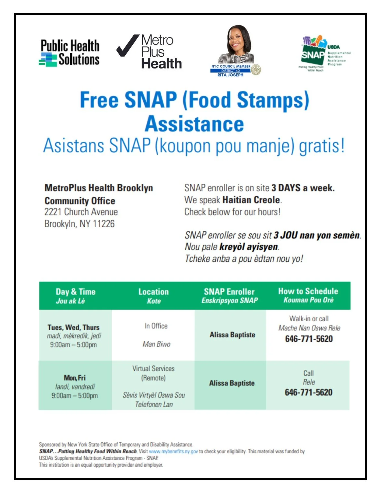 Flyer offering free SNAP (Food Stamps) assistance at MetroPlus Health Brooklyn with details in English and Haitian Creole, including office location, hours, SNAP enroller Alissa Baptiste, and contact phone number 646-771-5620.