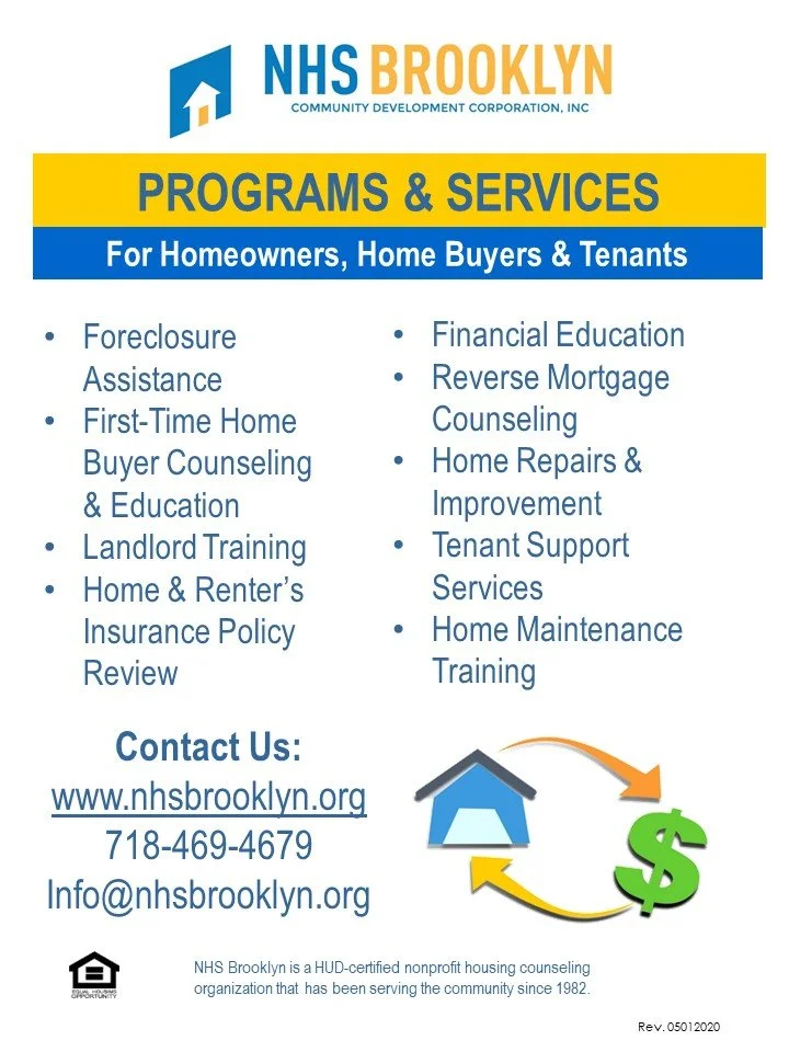 NHS Brooklyn program flyer listing services for homeowners, home buyers, and tenants including foreclosure assistance, homebuyer counseling, landlord training, insurance review, financial education, reverse mortgage counseling, home repairs, tenant support, and maintenance training, with contact info and a house and dollar sign icon.