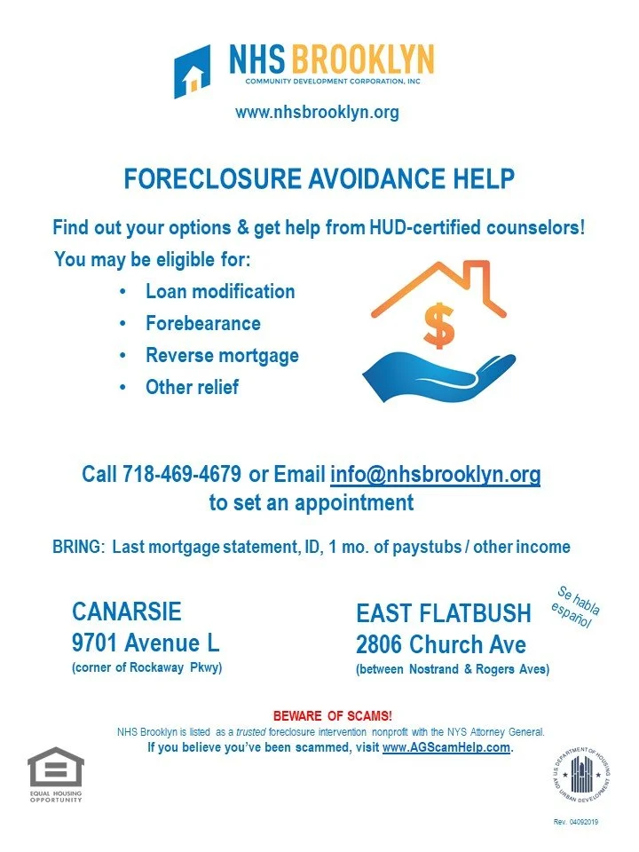 NHS Brooklyn foreclosure avoidance help flyer offering loan modification, forbearance, reverse mortgage, and other relief with contact details and office locations in Canarsie and East Flatbush.