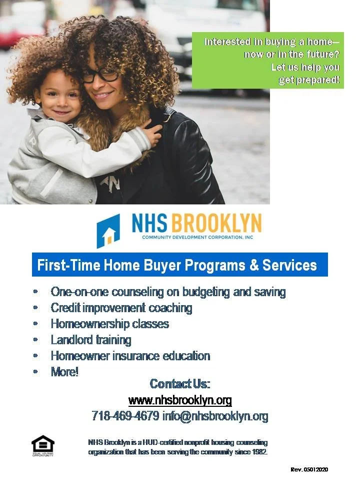 Smiling woman with curly hair hugging a child with curly hair, with text promoting NHS Brooklyn's first-time home buyer programs and services including counseling, credit coaching, classes, training, and insurance education.