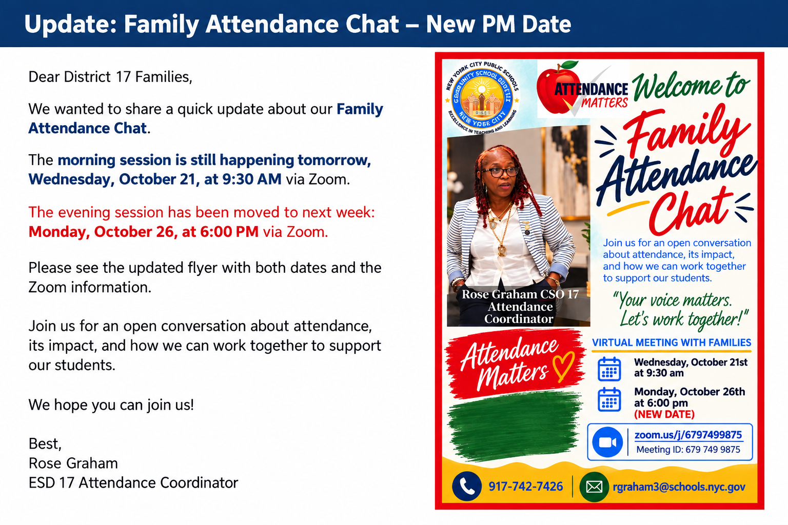 Flyer advertising free in-person GED classes with flexible schedules, exam when ready, licensed educators, many locations, enrollment details for P.S. 6 Norma Adams in Brooklyn, contact phone and email, and social media icons.