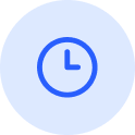 Blue clock icon with circular border on light blue circular background.