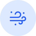 Blue circular icon with a wind or air flow symbol inside on a light blue background.