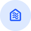 Blue house outline with three horizontal wavy lines inside, representing air or airflow, on a light blue circular background.