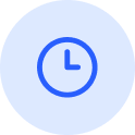 Blue clock icon with hour and minute hands inside a light blue circle.