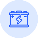 Blue icon of a car battery with a lightning bolt symbol, inside a light blue circle.