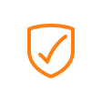 Orange shield with a checkmark inside on a white circular background, symbolizing security.