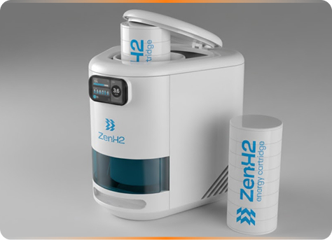 White ZenH2 water dispenser with digital display and a energy cartridge partially inserted on top and one beside it.
