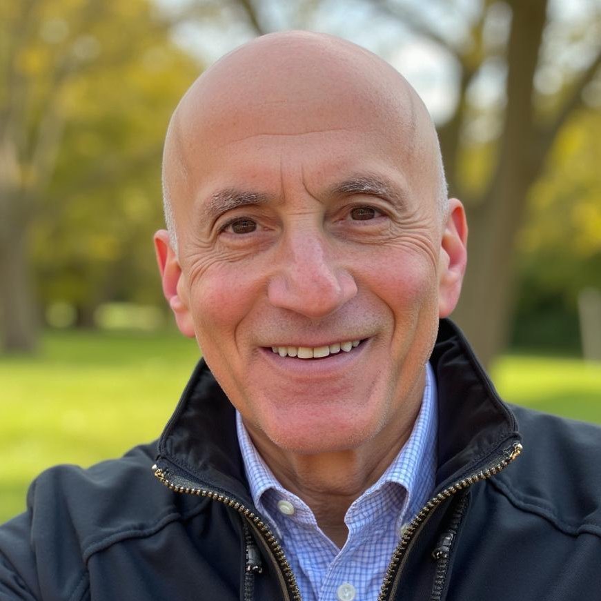 Smiling bald man wearing a black jacket and blue checkered shirt outdoors with green trees in the background.